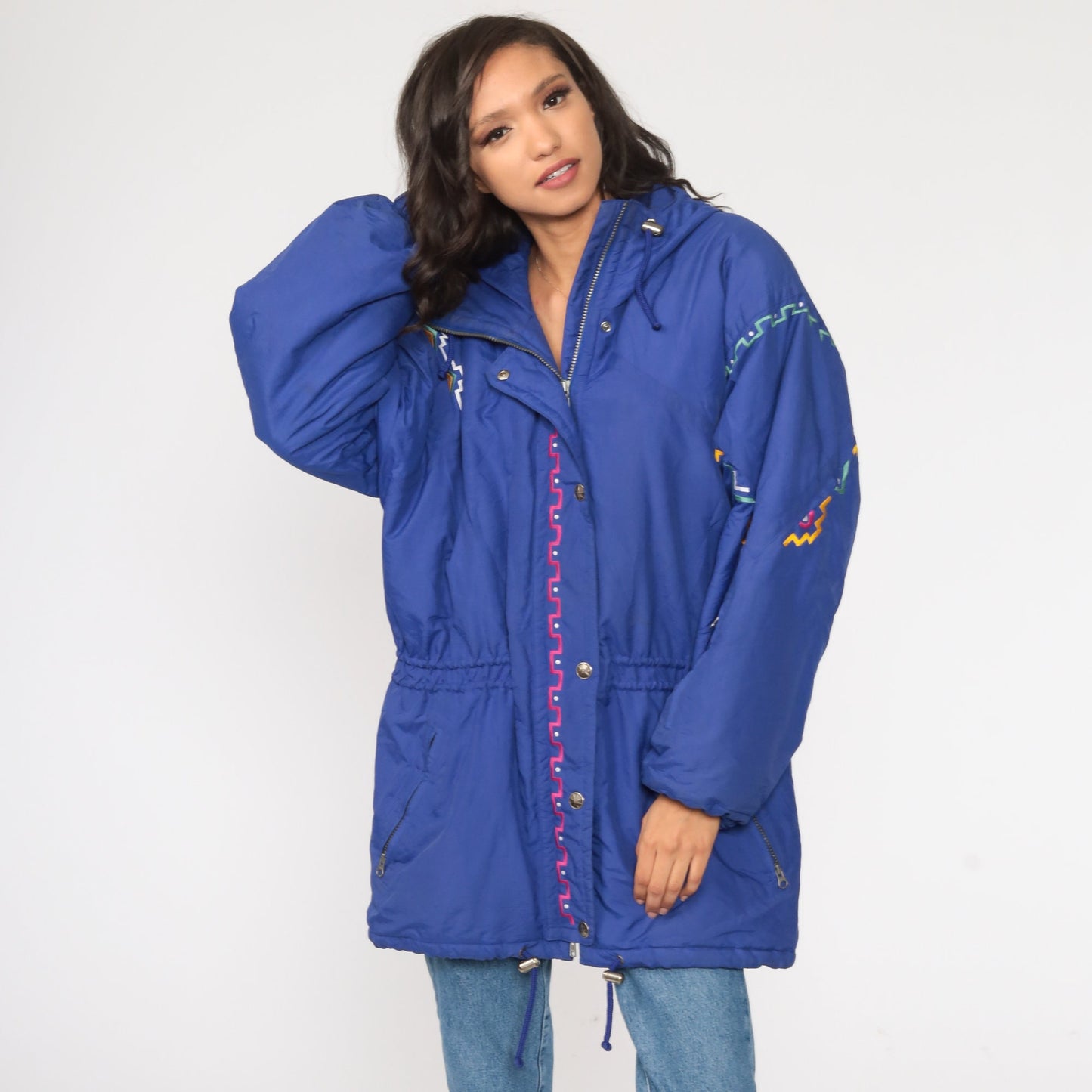 90s Purple Ski Jacket Southwestern Hooded Puffer Coat Large