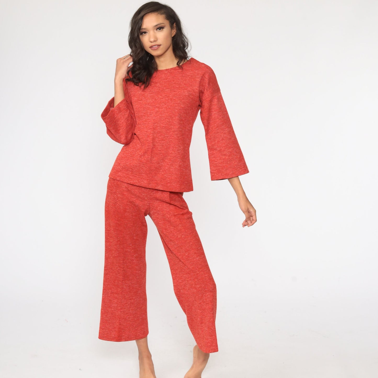 70s Red Bell Bottom Two Piece Set Long Sleeve Top Trousers Small