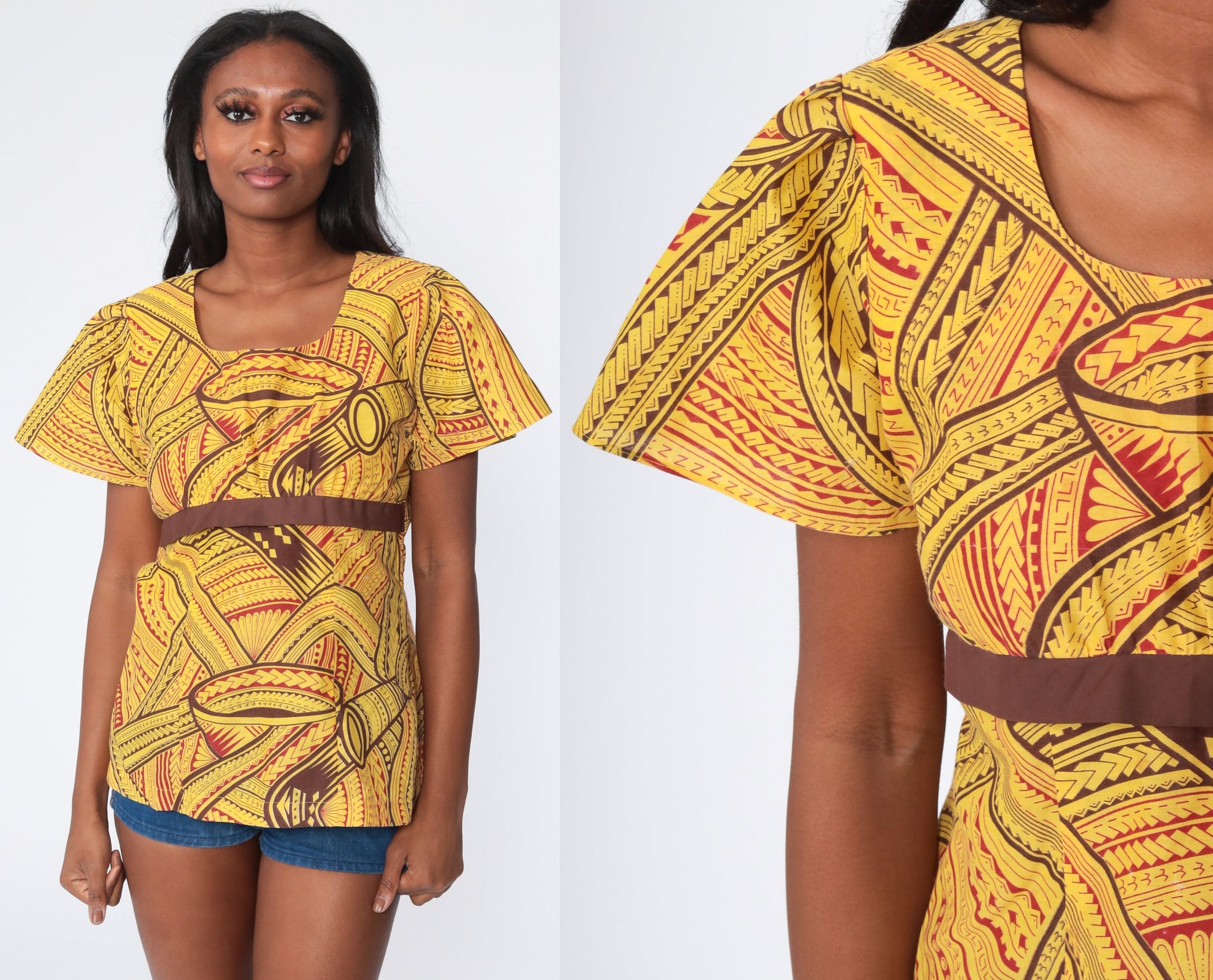 70s African Print Babydoll Top Yellow Puff Sleeve Empire Waist Medium