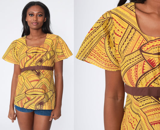 70s African Print Babydoll Top Yellow Puff Sleeve Empire Waist Medium