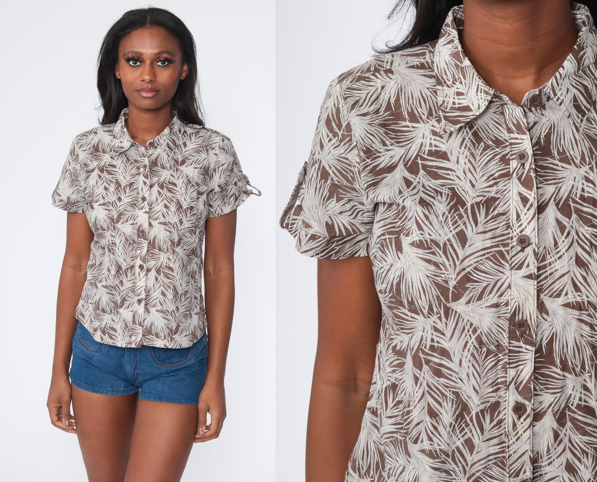 70s Feather Print Button-Up Shirt Short Sleeve Pointed Collar Brown Small