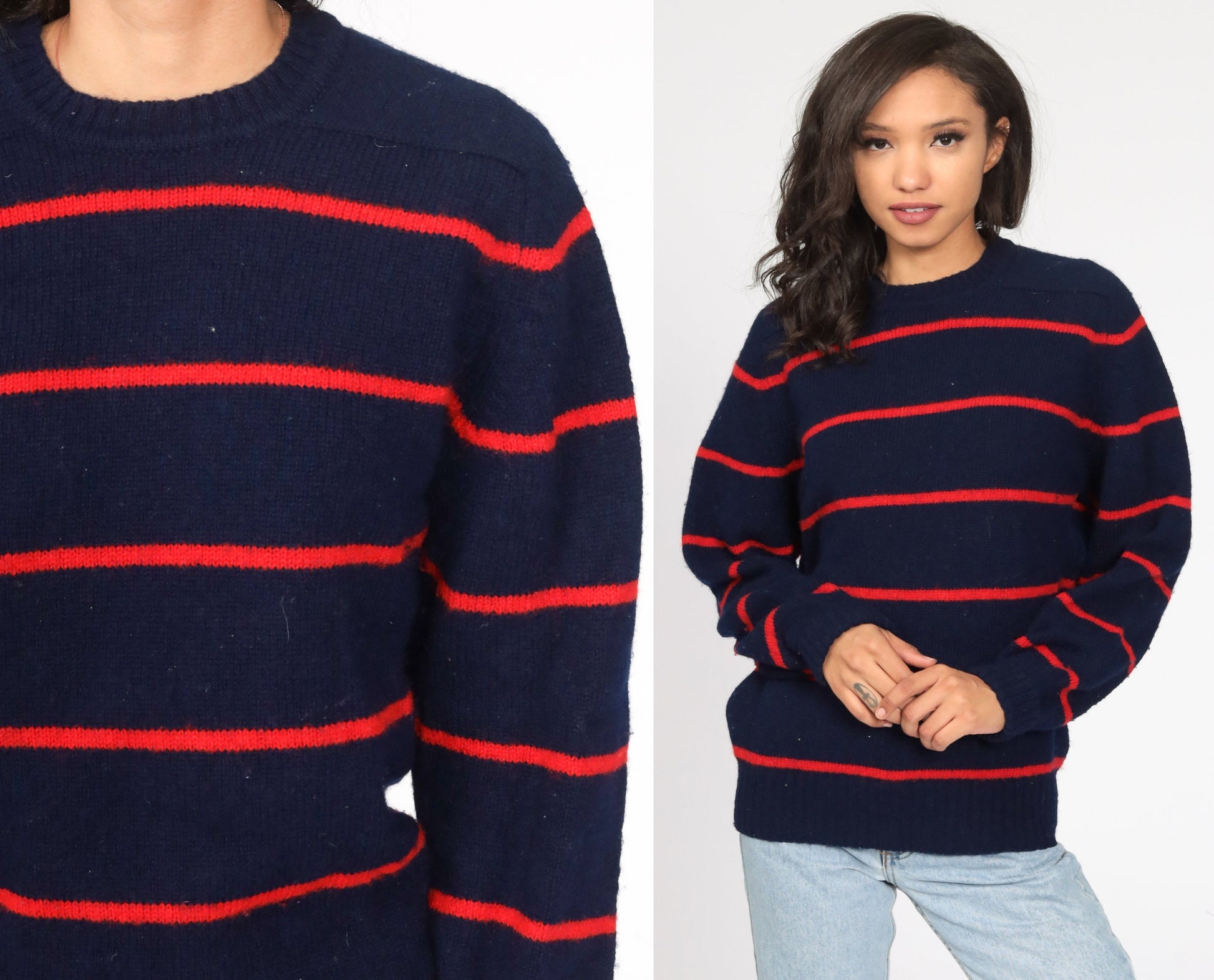 80s Blue and Red Striped Wool Pullover Sweater Knit Jumper Medium