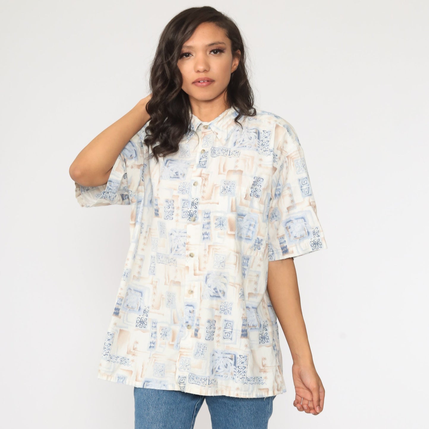 90s Pierre Cardin Hawaiian Shirt Palm Tree Print Cotton Button Up Large