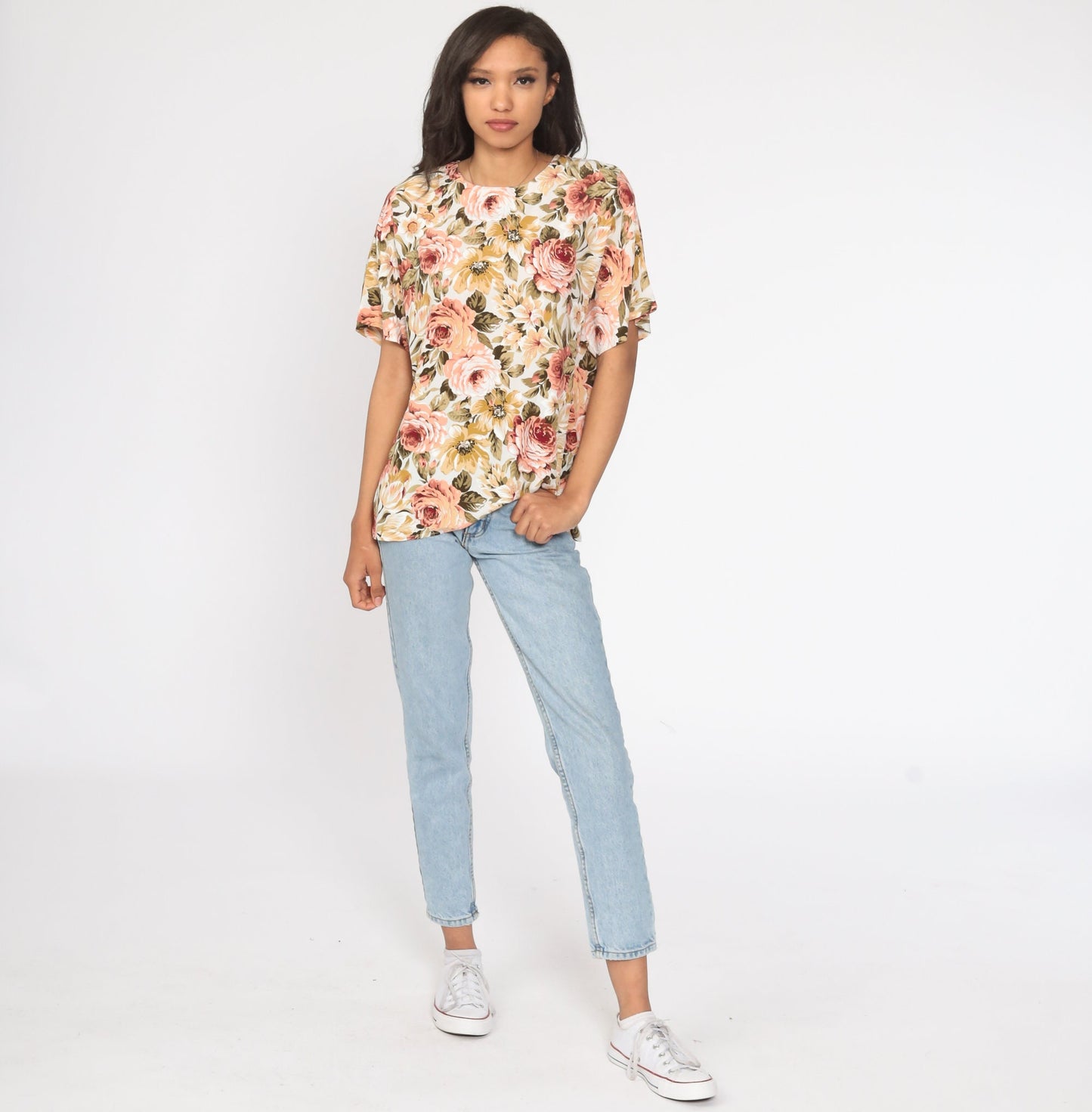 90s Floral Print Shirt Short Sleeve Blouse Polyester Medium