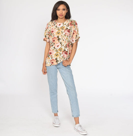 90s Floral Print Shirt Short Sleeve Blouse Polyester Medium