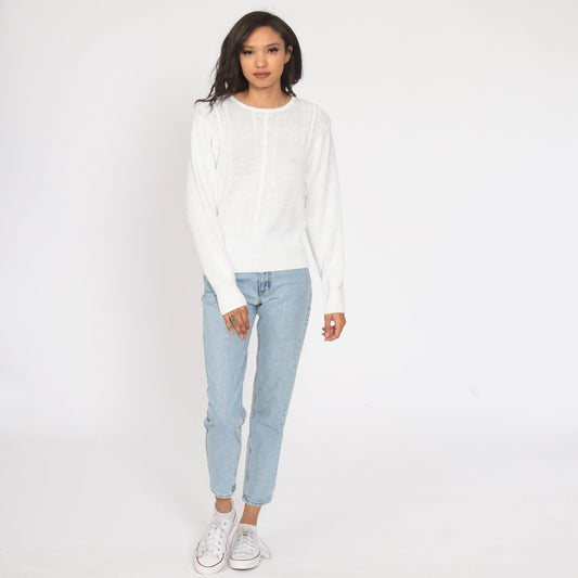 90s White Cable Knit Sweater Ramie Cotton Pullover Small