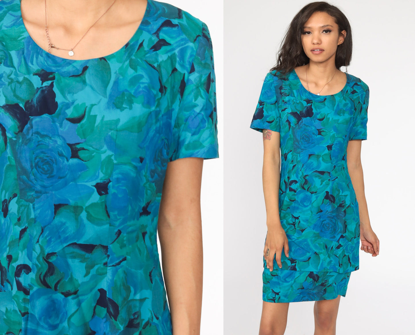 80s Blue Floral Rose Watercolor Sheath Minidress Short Sleeve Small S