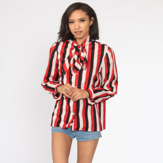 80s Striped Ascot Blouse Red Black White Puff Sleeve Button Up Medium