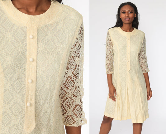 1960s Mod Yellow Lace Shift Dress Drop Waist Pleated Mini Large L