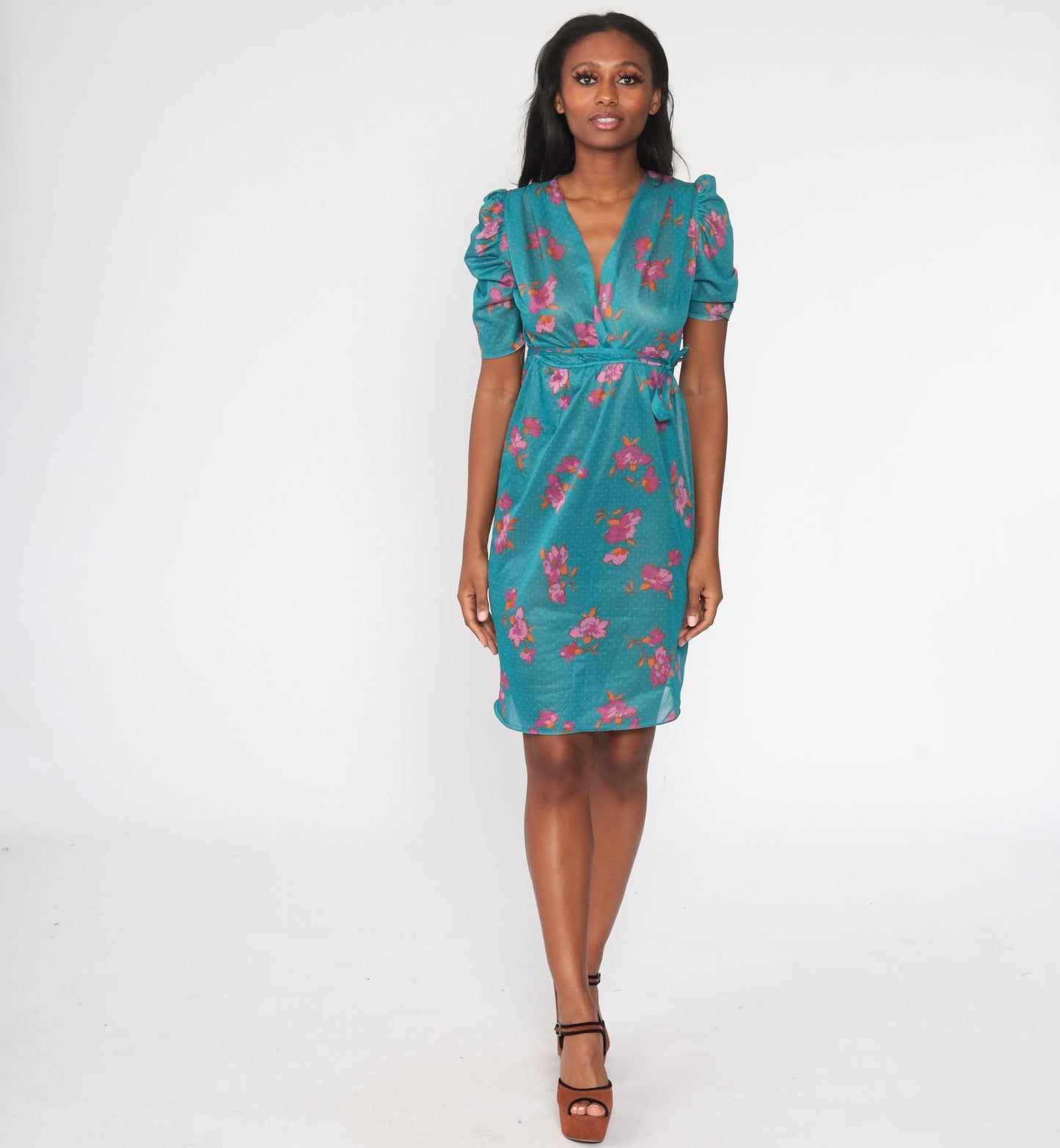 1970s Floral Midi Dress Blue Purple V-Neck Puff Sleeve Wrap High Waist Small