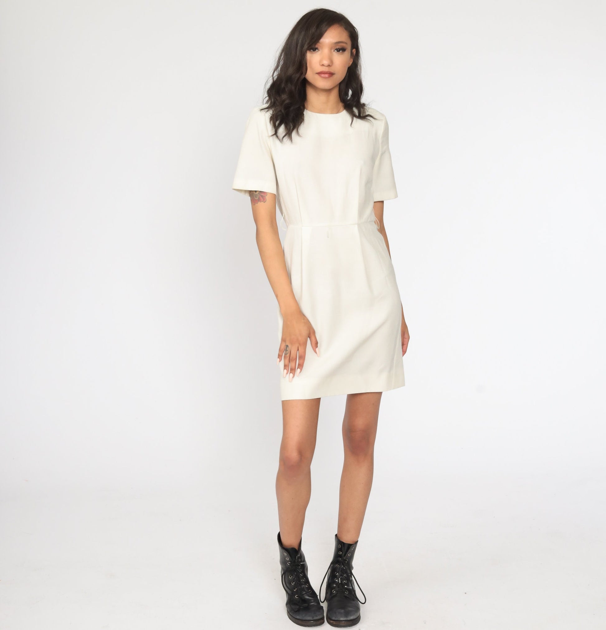 80s Off-White High Waist Mini Dress Short Sleeve Small S