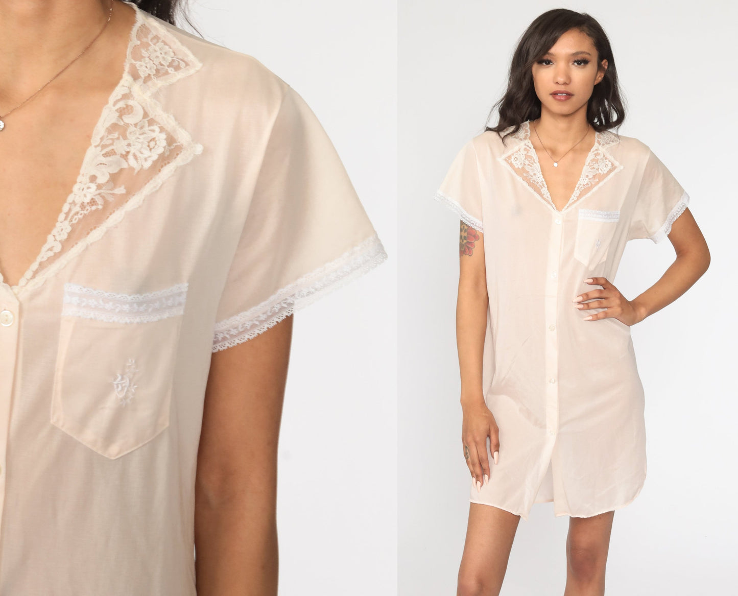80s Pale Pink Nylon Pajama Dress Lace Trim Button Front Short Sleeve Medium