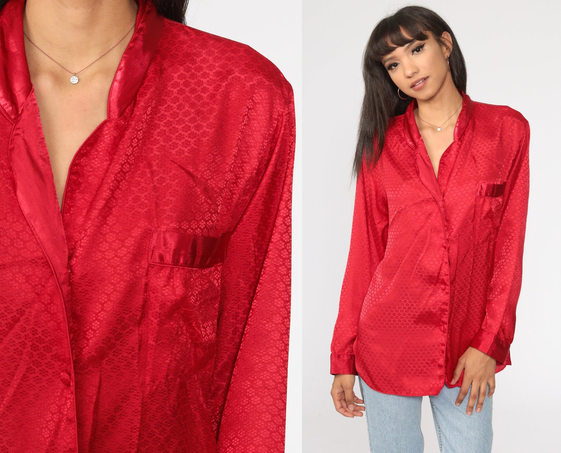 90s Victoria's Secret Red Satin Pajama Top Button-Up Medium