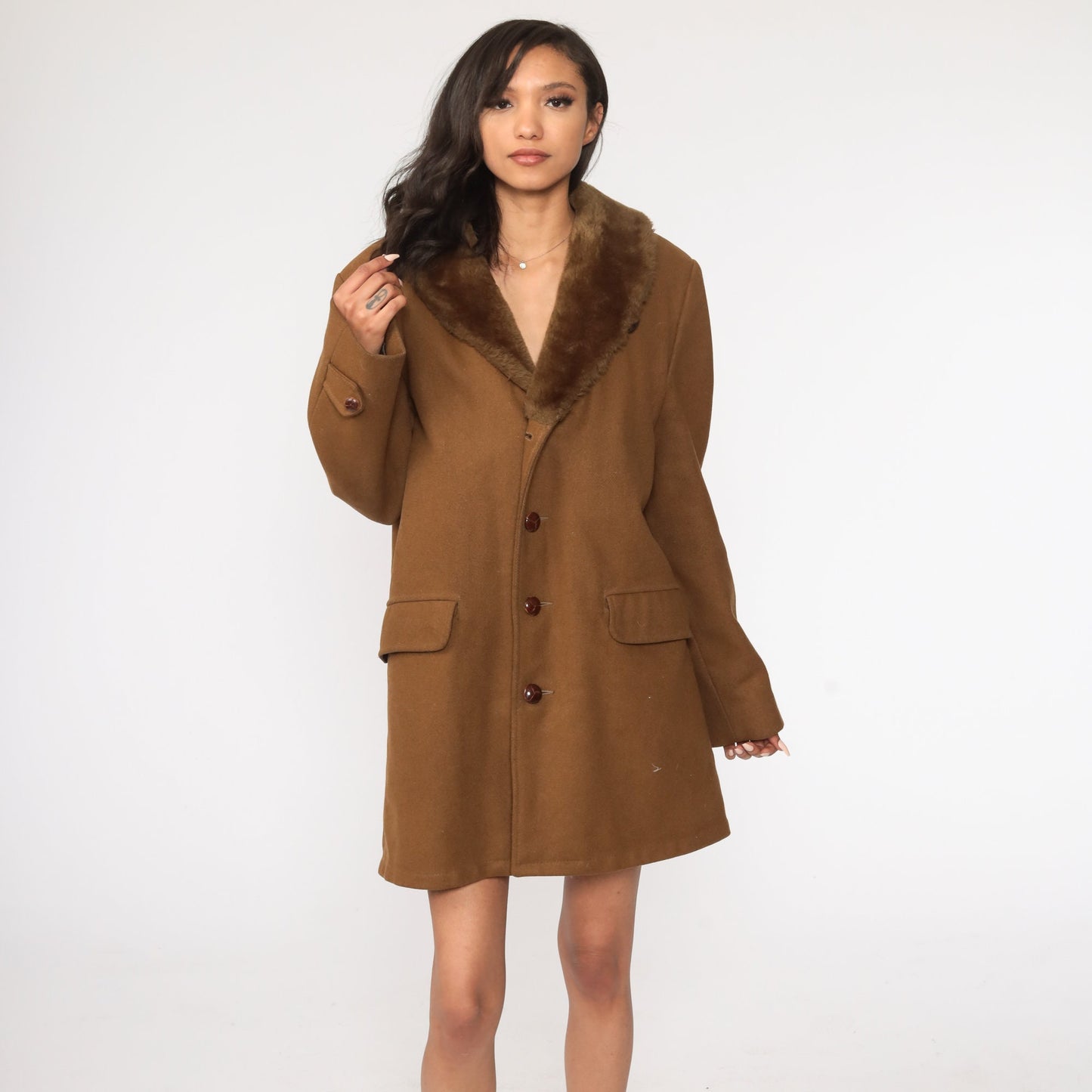 80s Brown Wool Jacket Faux Fur Collar Winter Coat Extra Large XXL