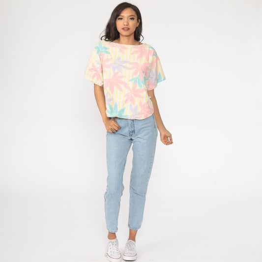 80s Wrangler Floral Print Shirt Pink Yellow Striped Short Sleeve Blouse Large L