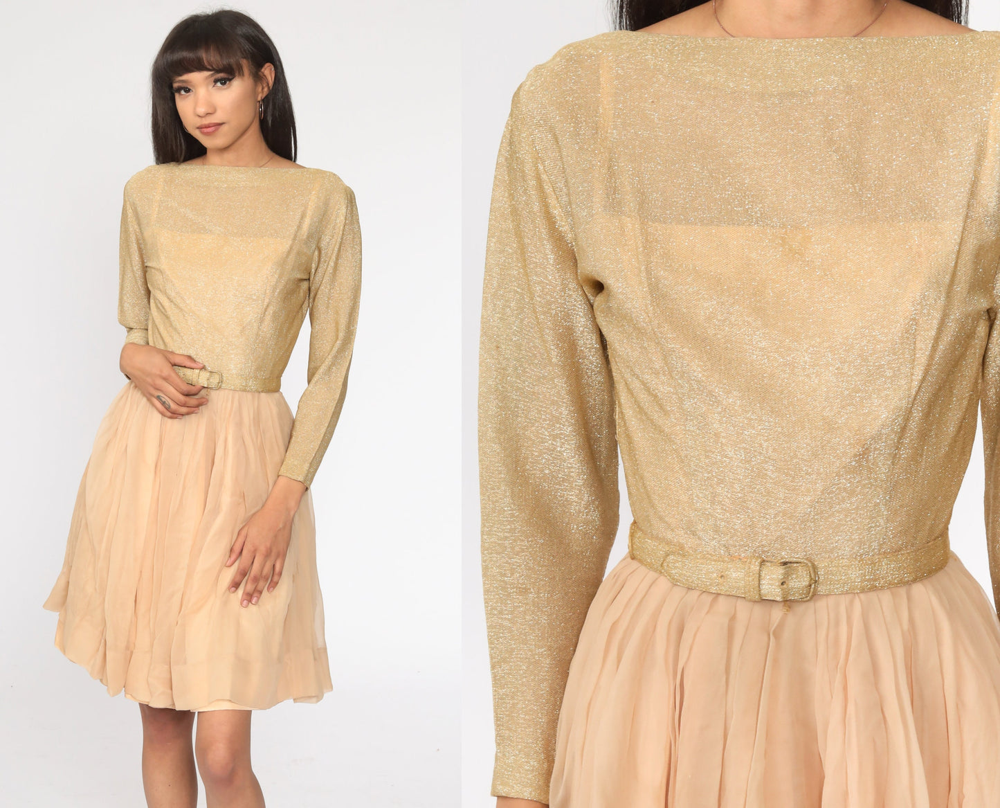 60s Jonathan Logan Gold Lurex Chiffon Midi Dress Extra Small XS