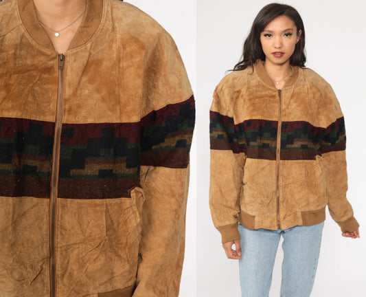 80s Brown Suede Leather Jacket Southwestern Tribal Print Bomber Large L