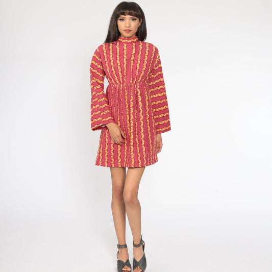 70s Quilted Floral Mini Dress Red Empire Waist Long Sleeve Small