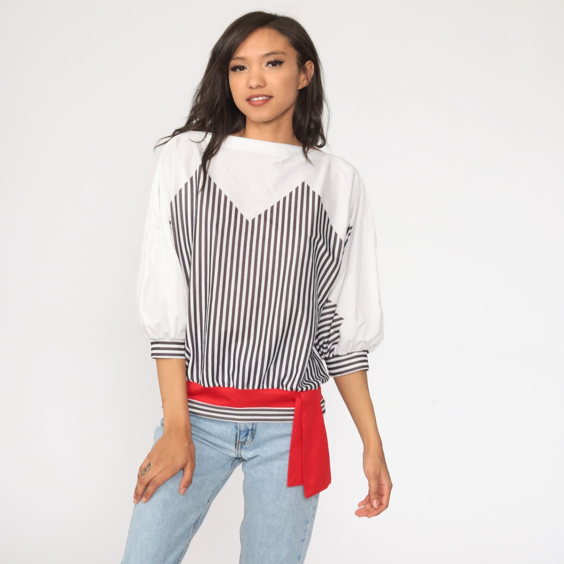 80s Black & White Striped Long Sleeve Top Medium