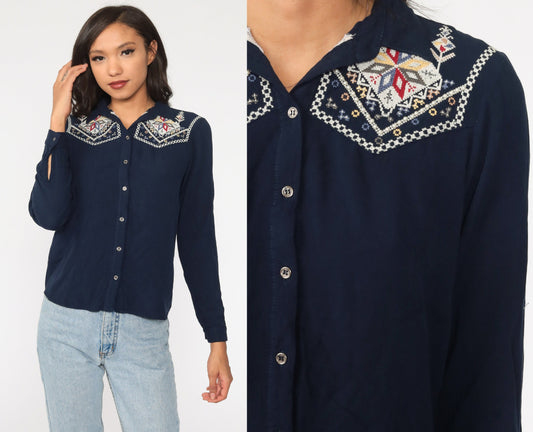 90s Navy Beaded Embroidered Floral Button-Up Blouse Long Sleeve Small