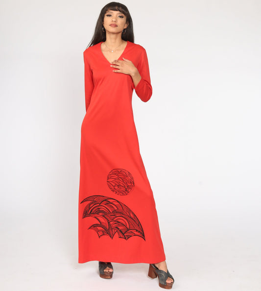 70s Red Abstract Graphic Maxi Dress Long Sleeve V Neck Medium
