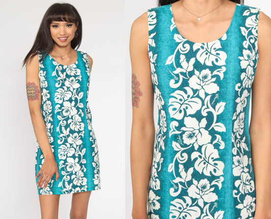 90s Hawaiian Floral Mini Sundress Blue Sleeveless Sheath Small S