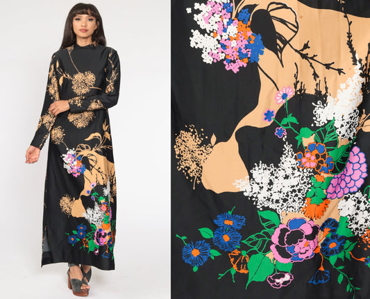 70s Tori Richard Hawaiian Floral Maxi Dress Black High Neck Long Sleeve Medium Large