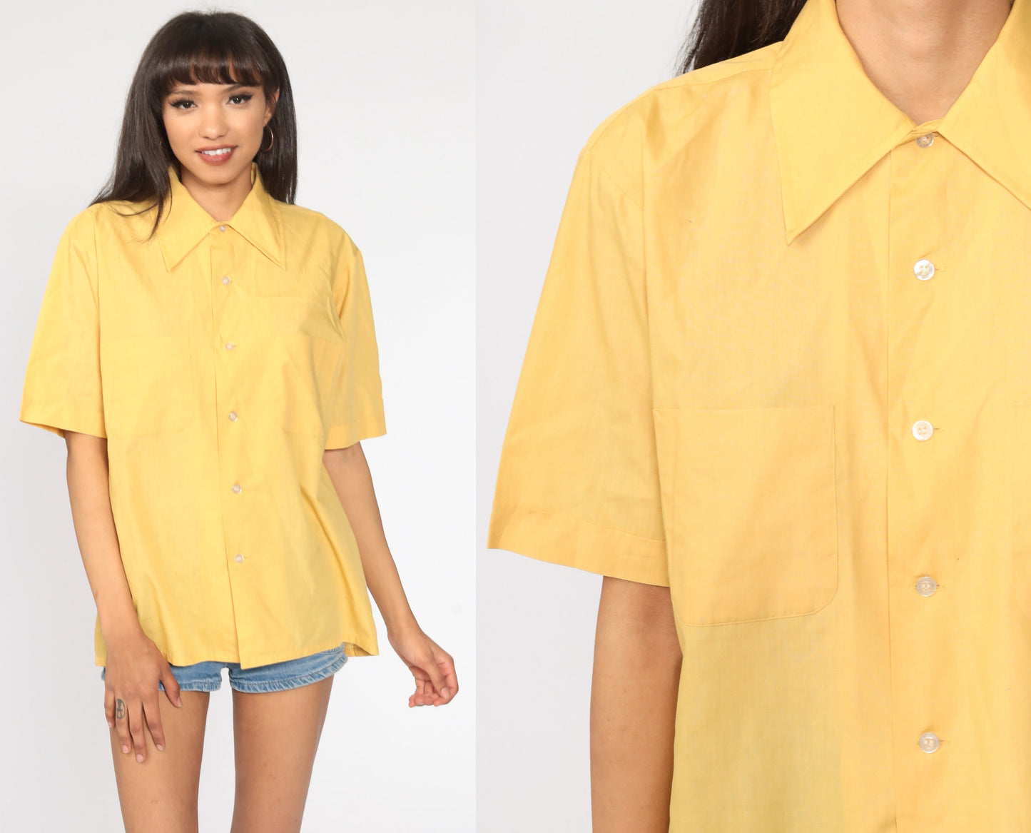 70s Yellow Button-Up Shirt Pointed Collar Short Sleeve Disco Blouse Large