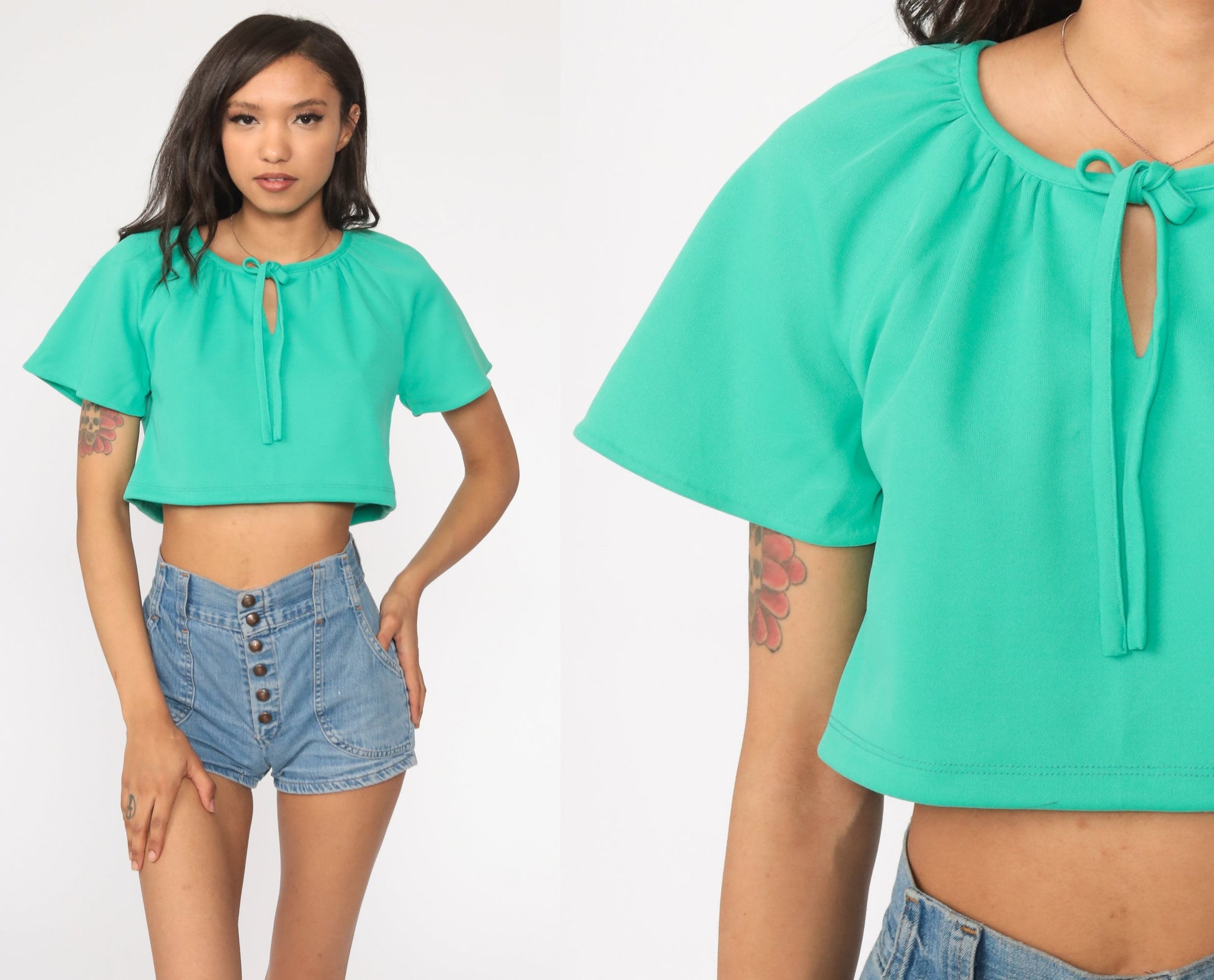 70s Green Crop Top Keyhole Neck Flutter Sleeve Blouse Small