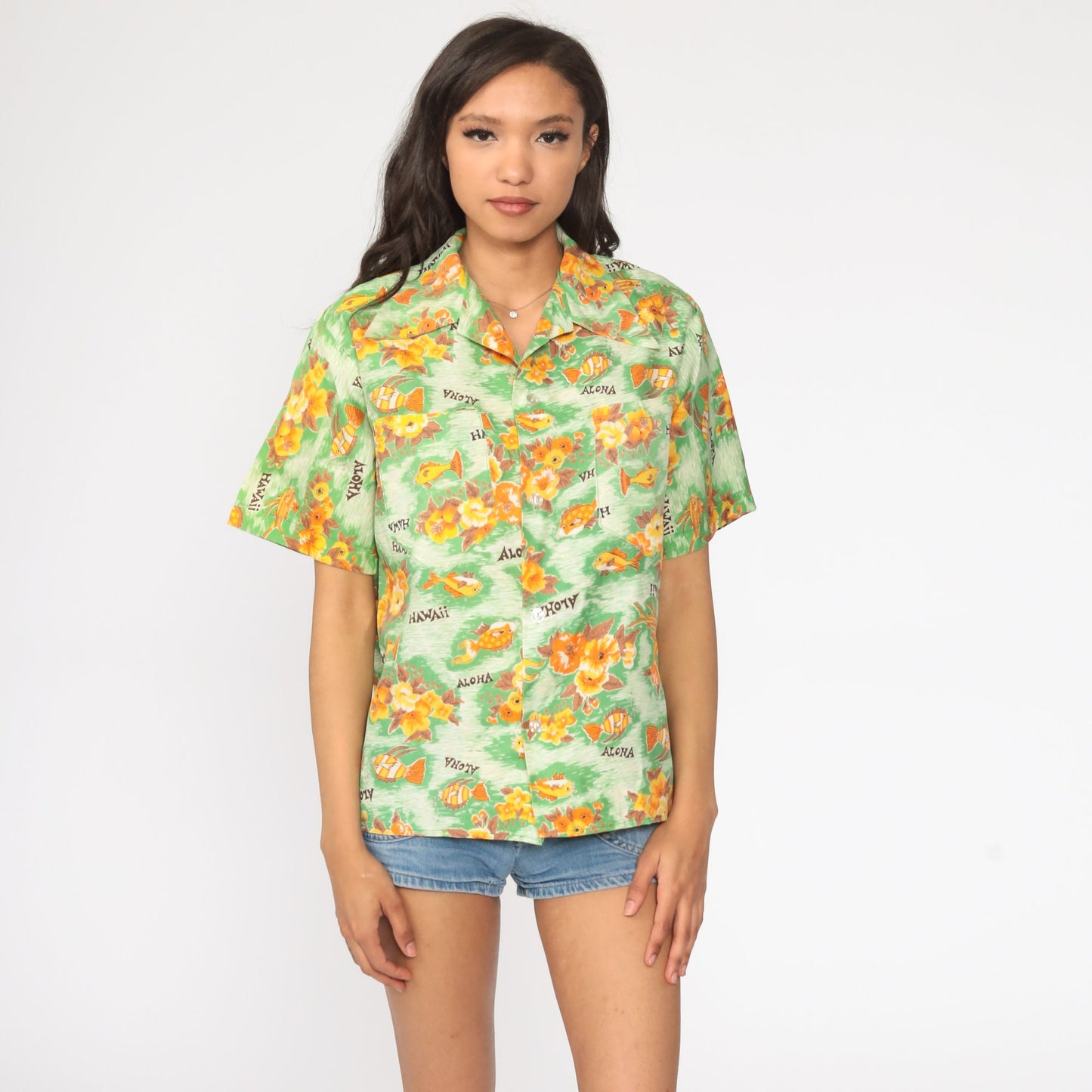 70s Hawaiian Shirt Tropical Fish Floral Button Up Unisex Medium Large