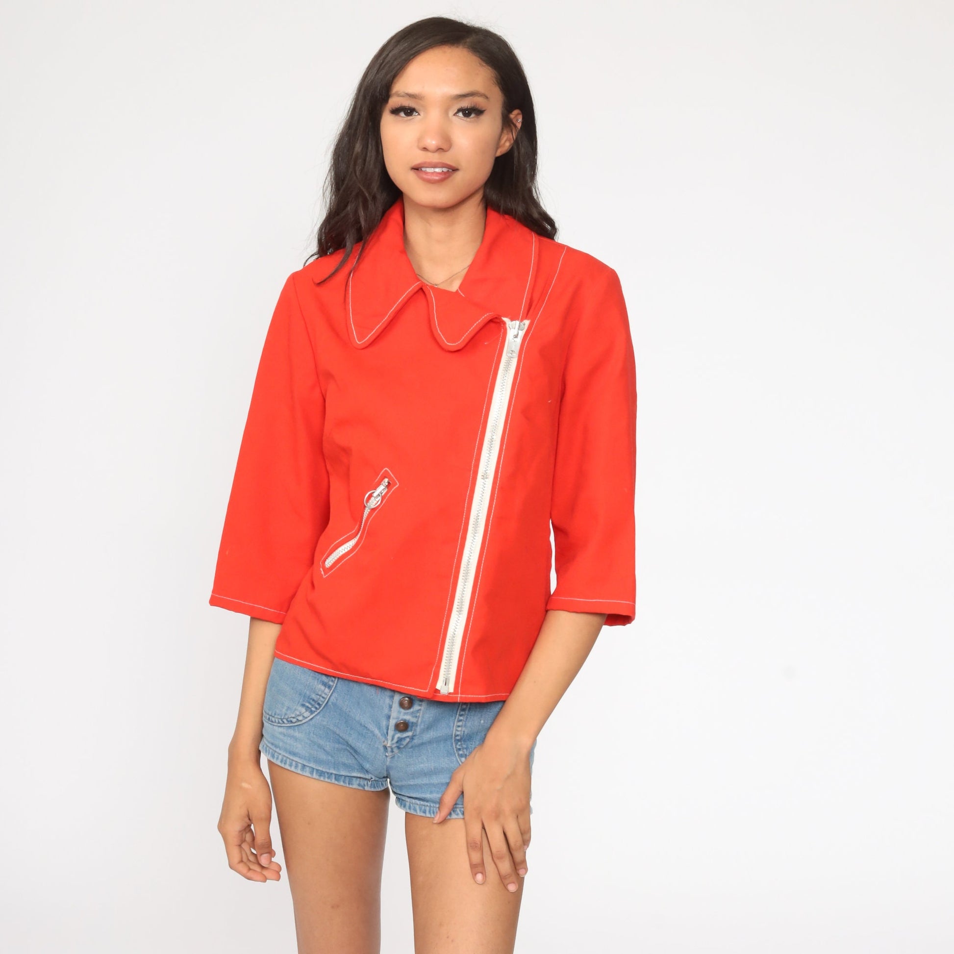 70s Red Zip Jacket Asymmetrical Collar 3/4 Sleeve Small Medium