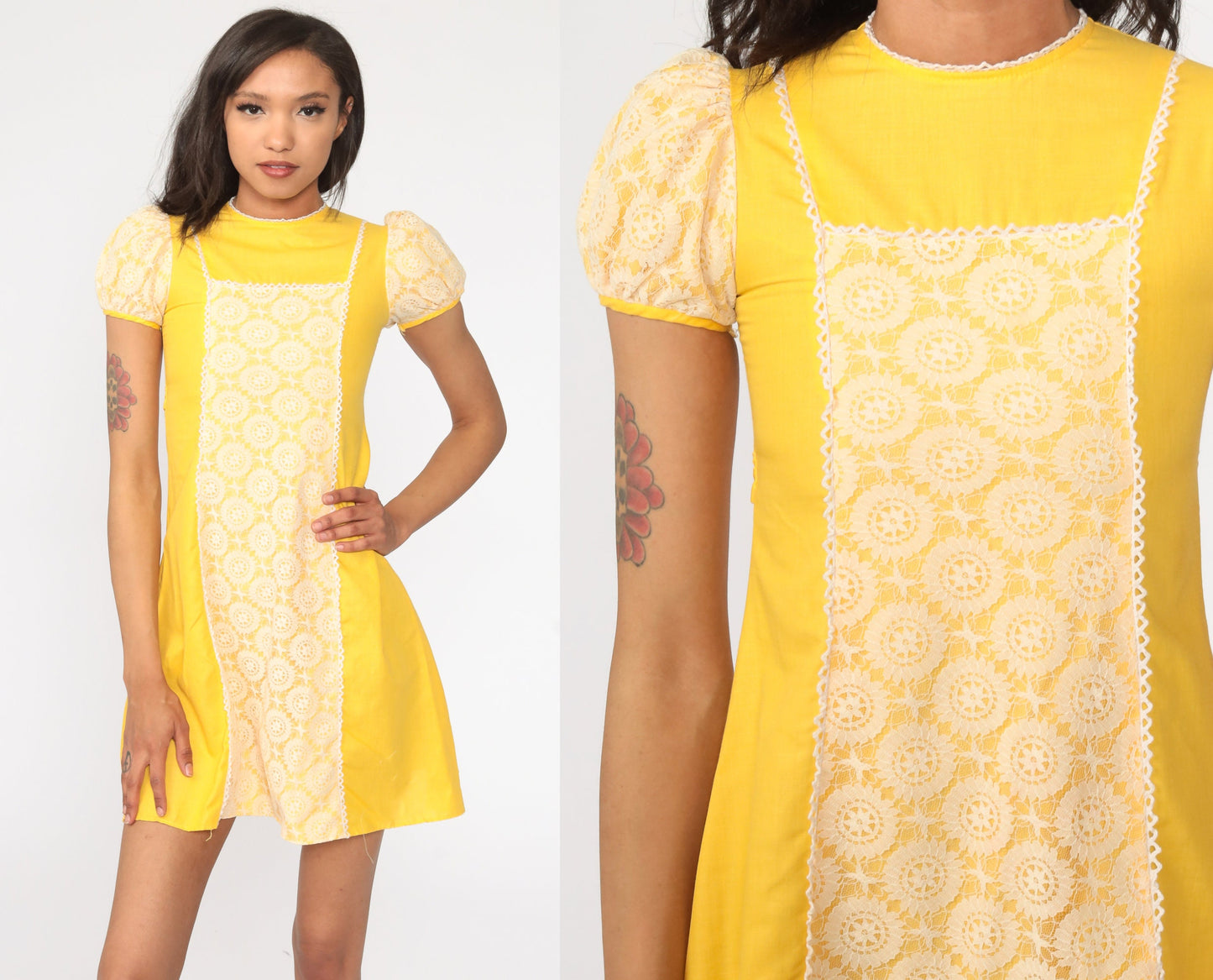 60s Yellow Lace Puff Sleeve Shift Mini Dress 2XS