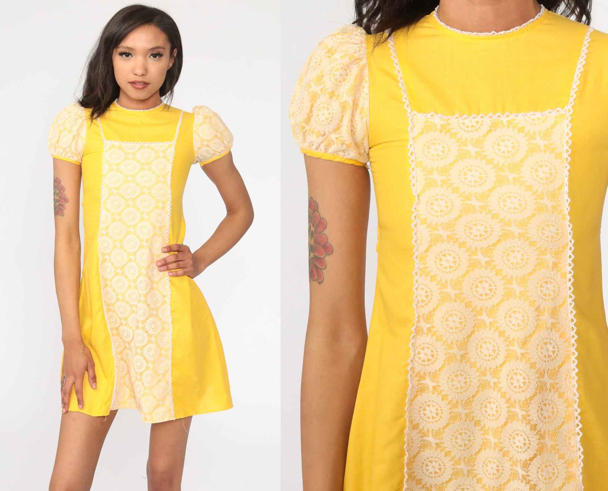 60s Yellow Lace Puff Sleeve Shift Mini Dress 2XS