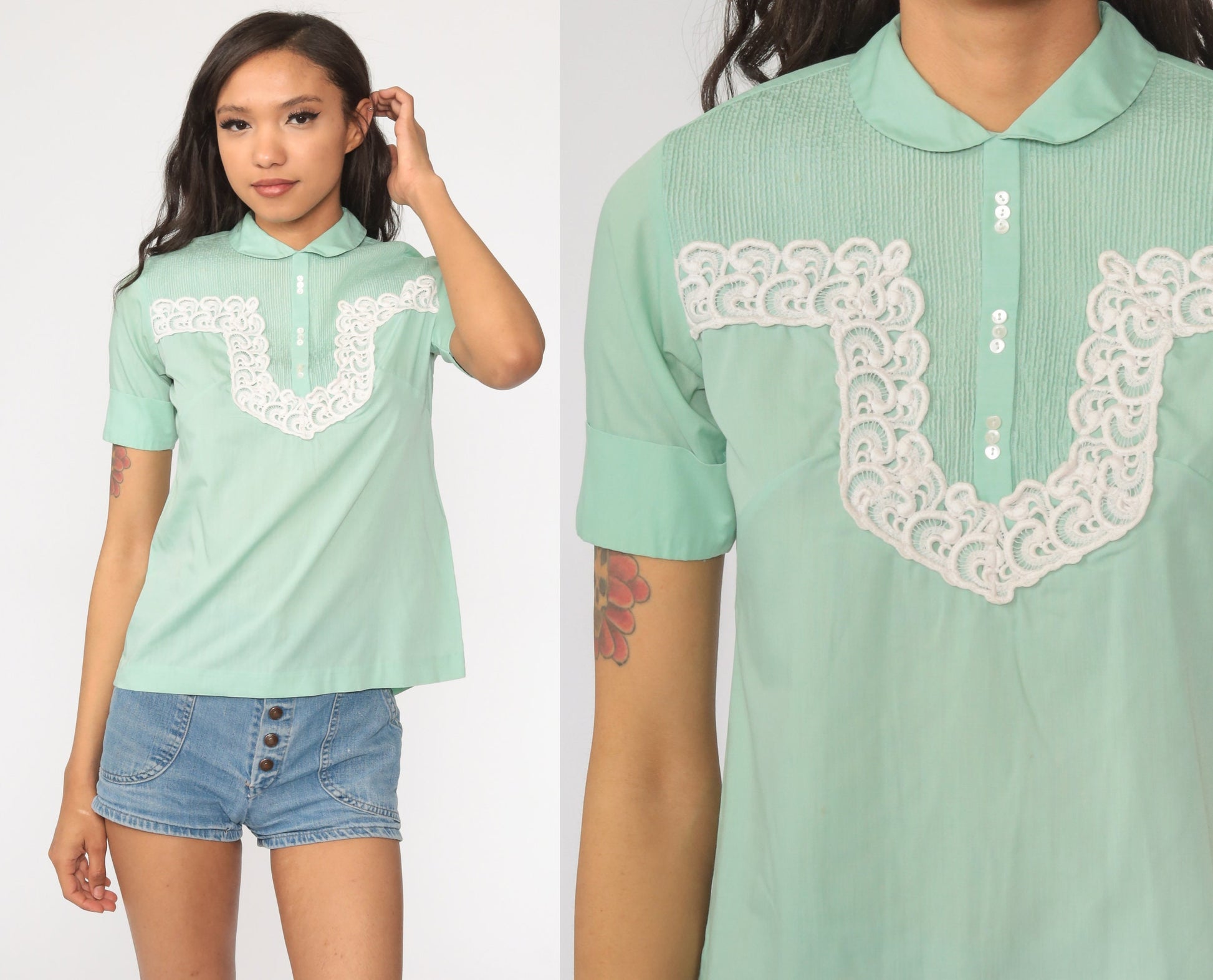 60s Peter Pan Collar Blouse Green Lace Trim Button Back Small