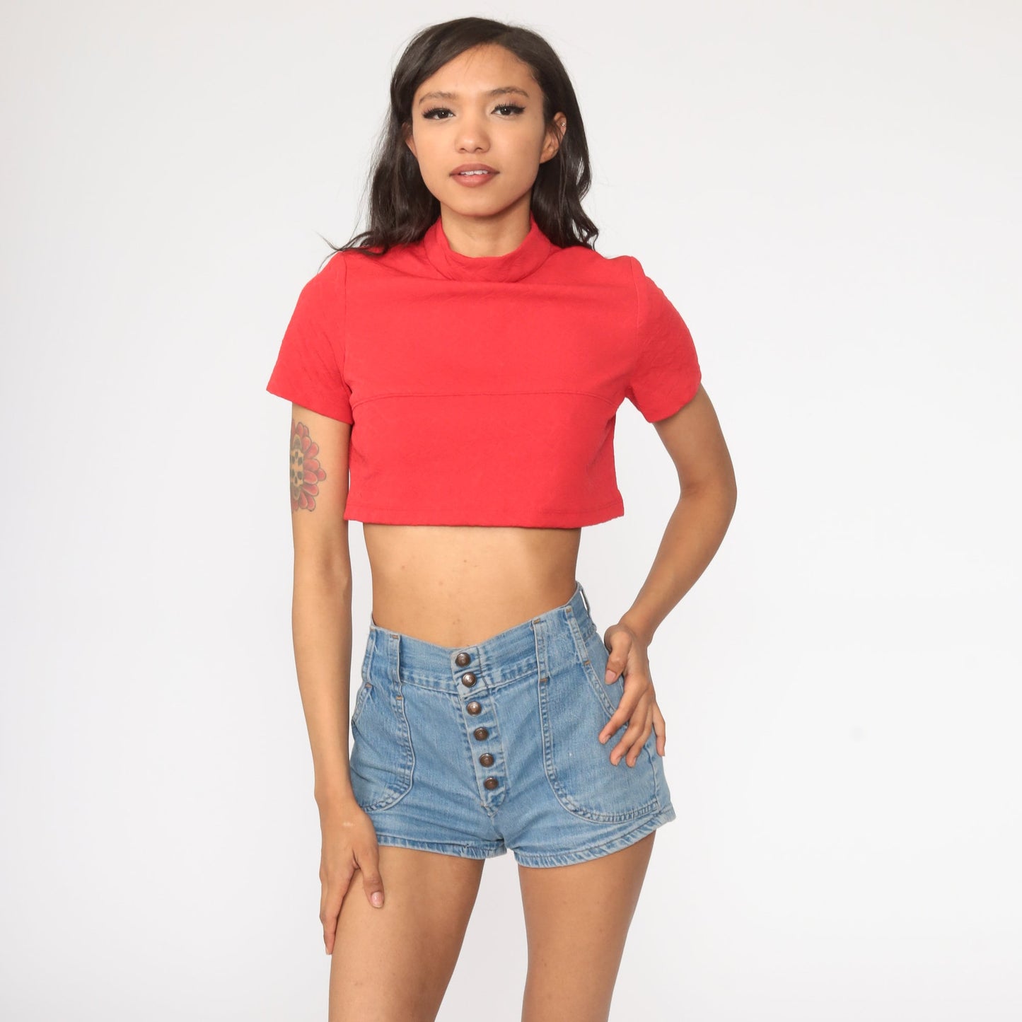 70s Red Mock Neck Crop Top Short Sleeve Polyester Shirt Small