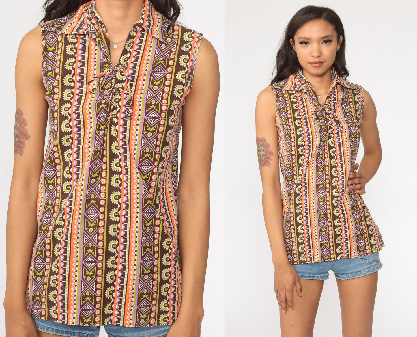 70s Tribal Print Sleeveless Blouse Lace-Up Corset Neckline Orange Purple Small