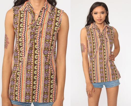 70s Tribal Print Sleeveless Blouse Lace-Up Corset Neckline Orange Purple Small