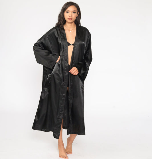 80s Black Satin California Embroidered Kimono Robe Maxi Wrap One Size