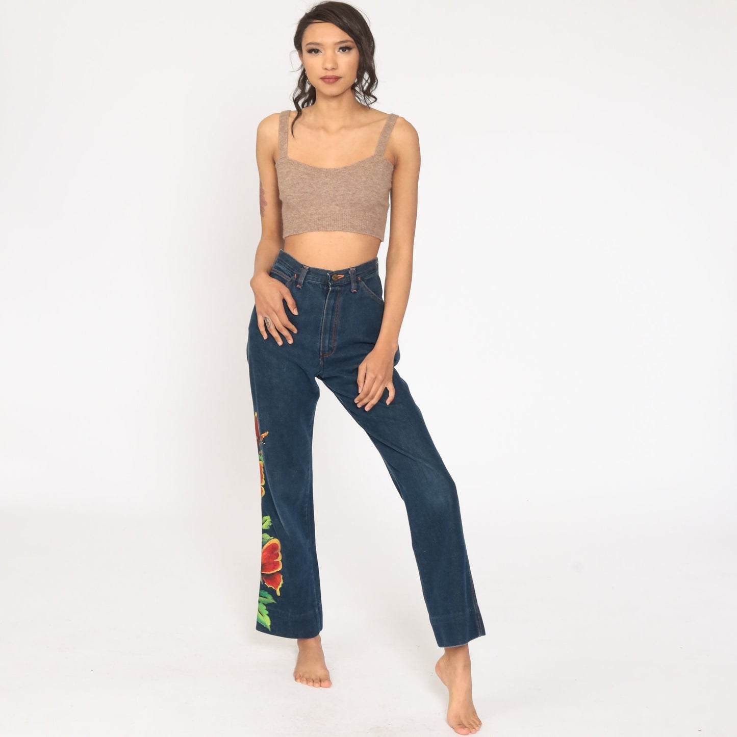 70s Wrangler Painted Butterfly Floral High Waist Straight Leg Jeans Blue 26