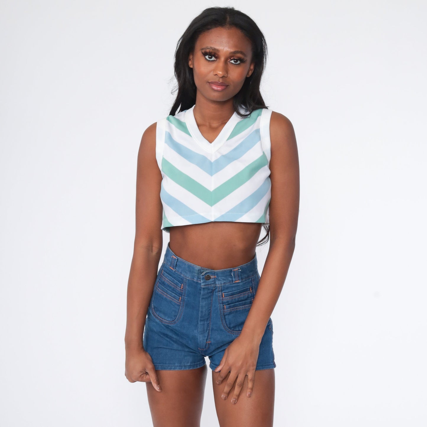 70s Striped Tank Top Crop Sleeveless V-Neck Green Blue White Extra Small