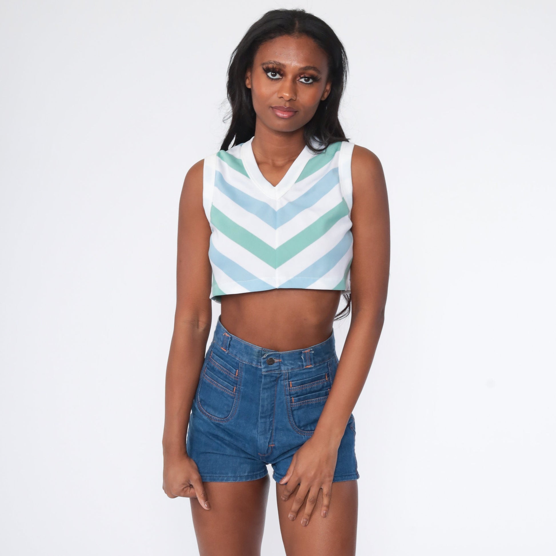 70s Striped Tank Top Crop Sleeveless V-Neck Green Blue White Extra Small