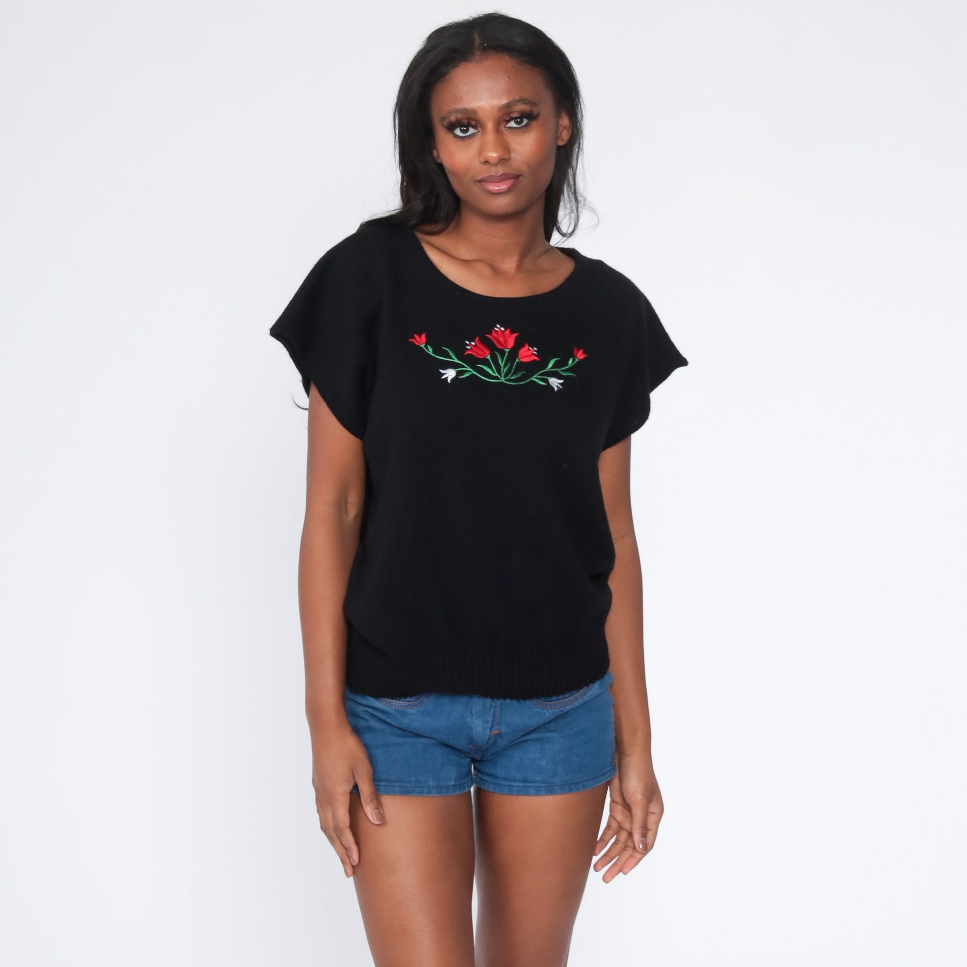 80s Floral Embroidered Black Knit Sweater Short Sleeve Top Large