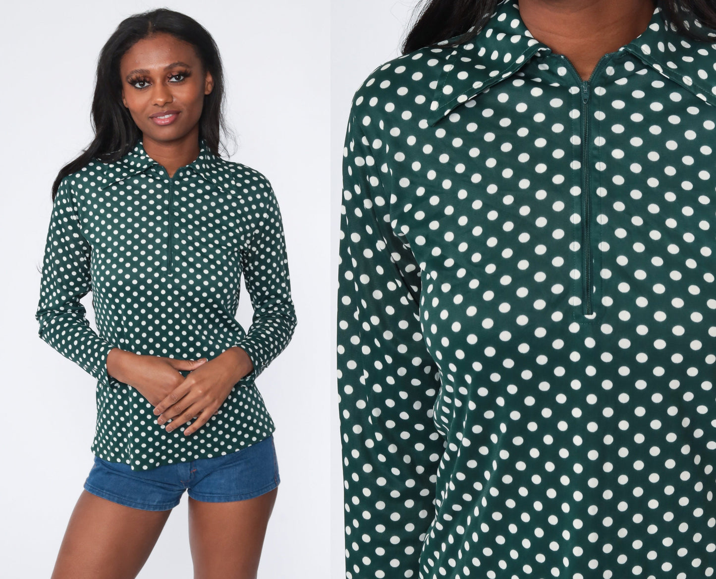 70s Green Polka Dot Zip-Up Blouse Long Sleeve Collared Shirt Medium