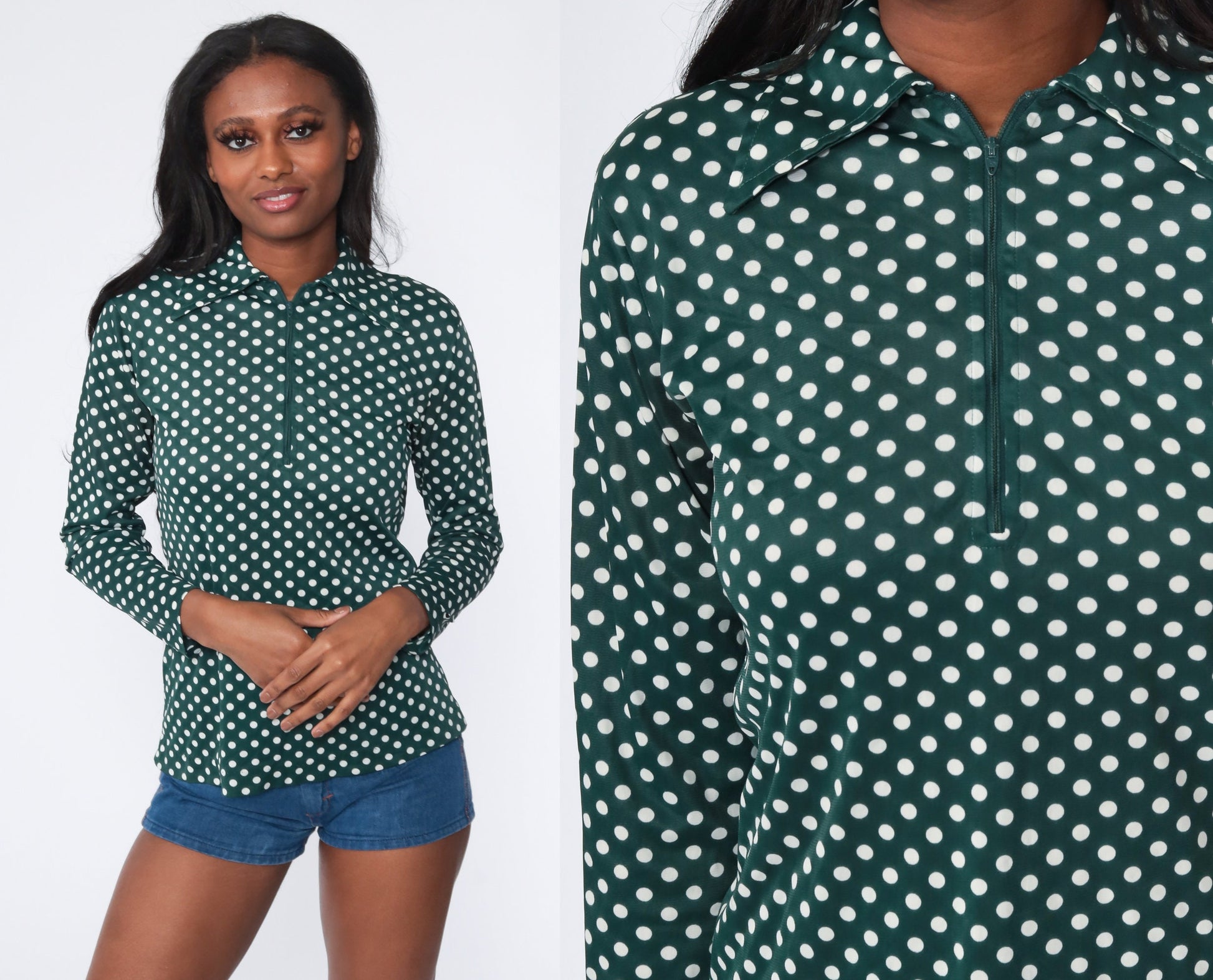 70s Green Polka Dot Zip-Up Blouse Long Sleeve Collared Shirt Medium