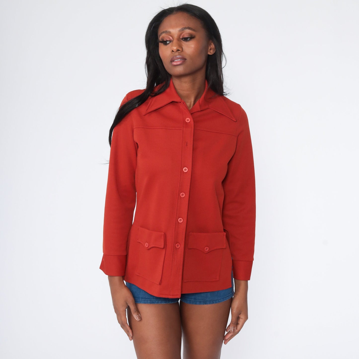 70s Rust Button-Up Shirt Long Sleeve Dagger Collar Blouse Small S