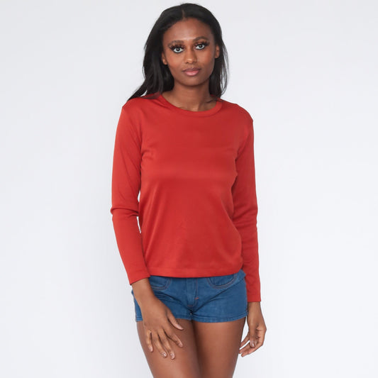 70s Rust Long Sleeve Shirt Plain Vintage Tee Small