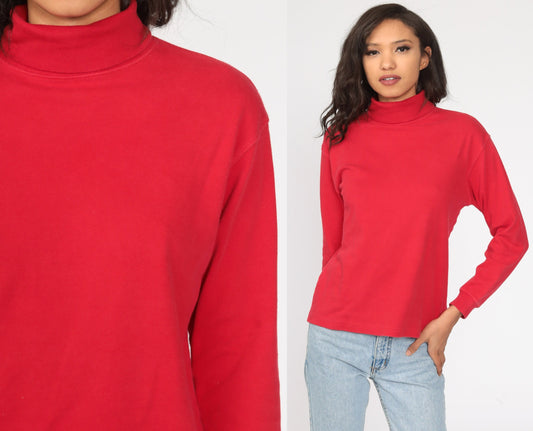 80s Red Turtleneck Long Sleeve Cotton Shirt Small Medium