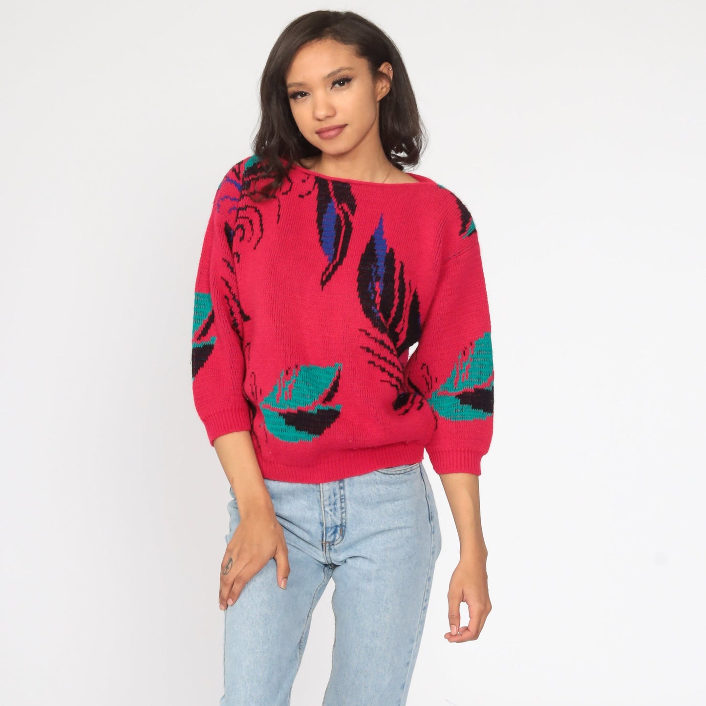 80s Pink Leaf Knit Sweater 3/4 Sleeve Pullover Small S