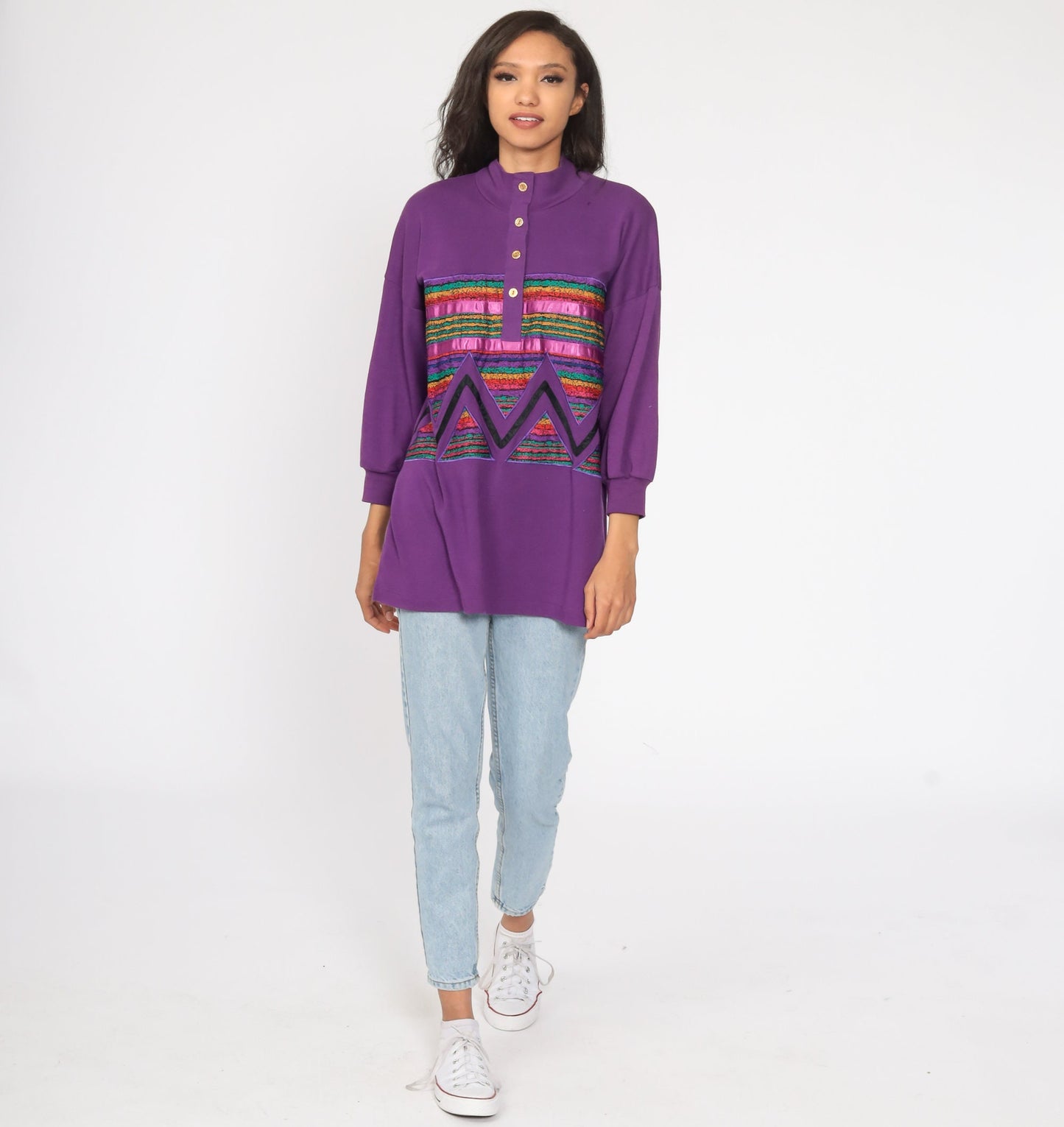 80s Purple Rainbow Striped Cotton Button-Up Blouse Mock Neck Medium