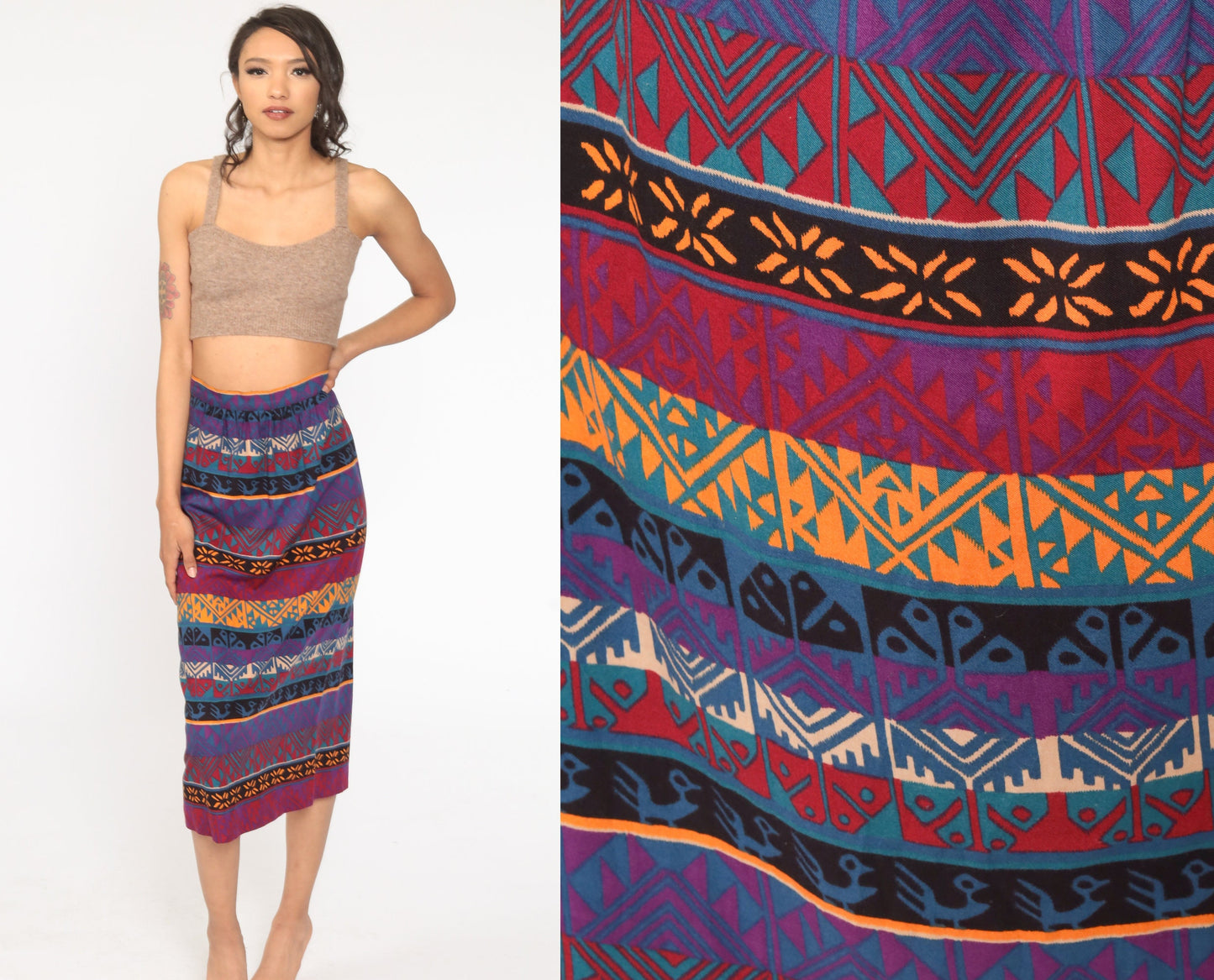 80s Southwestern Aztec Print Pencil Skirt Purple Pink High Waist Small